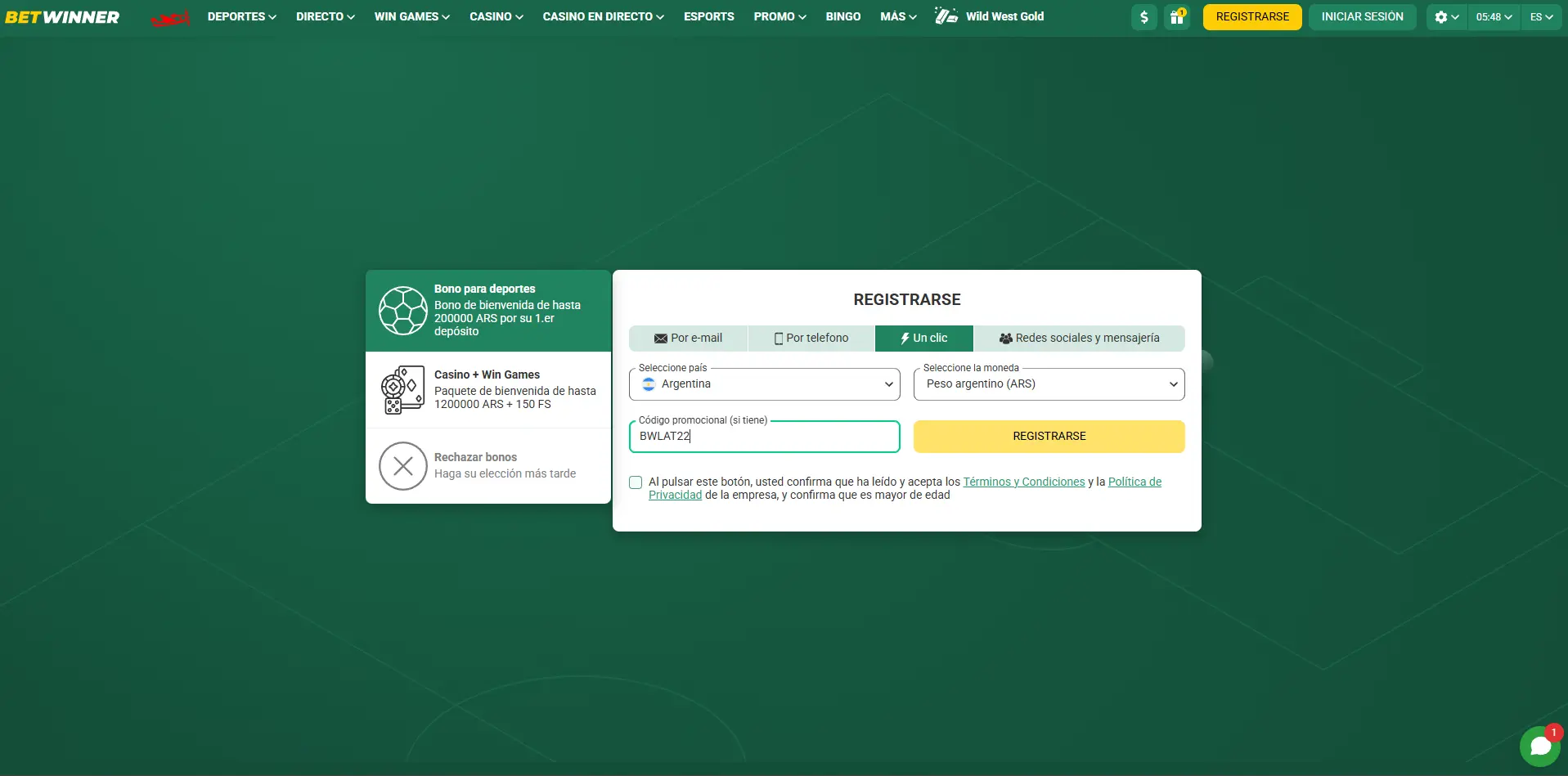 Formulario de registro en un clic de BetWinner con el código BWLAT22 y el bono de deportes elegido