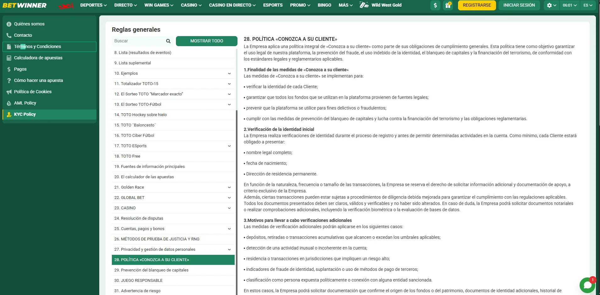Política «Conozca a su cliente» en los Términos y Condiciones de BetWinner